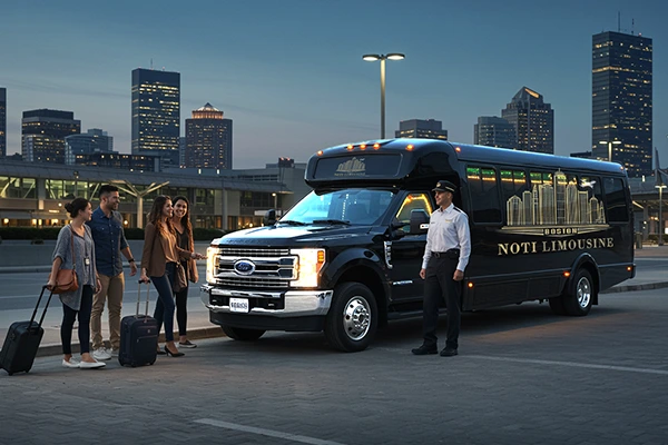 Chauffeured black car waiting outside a travel agency, symbolizing seamless transportation partnerships in Boston.