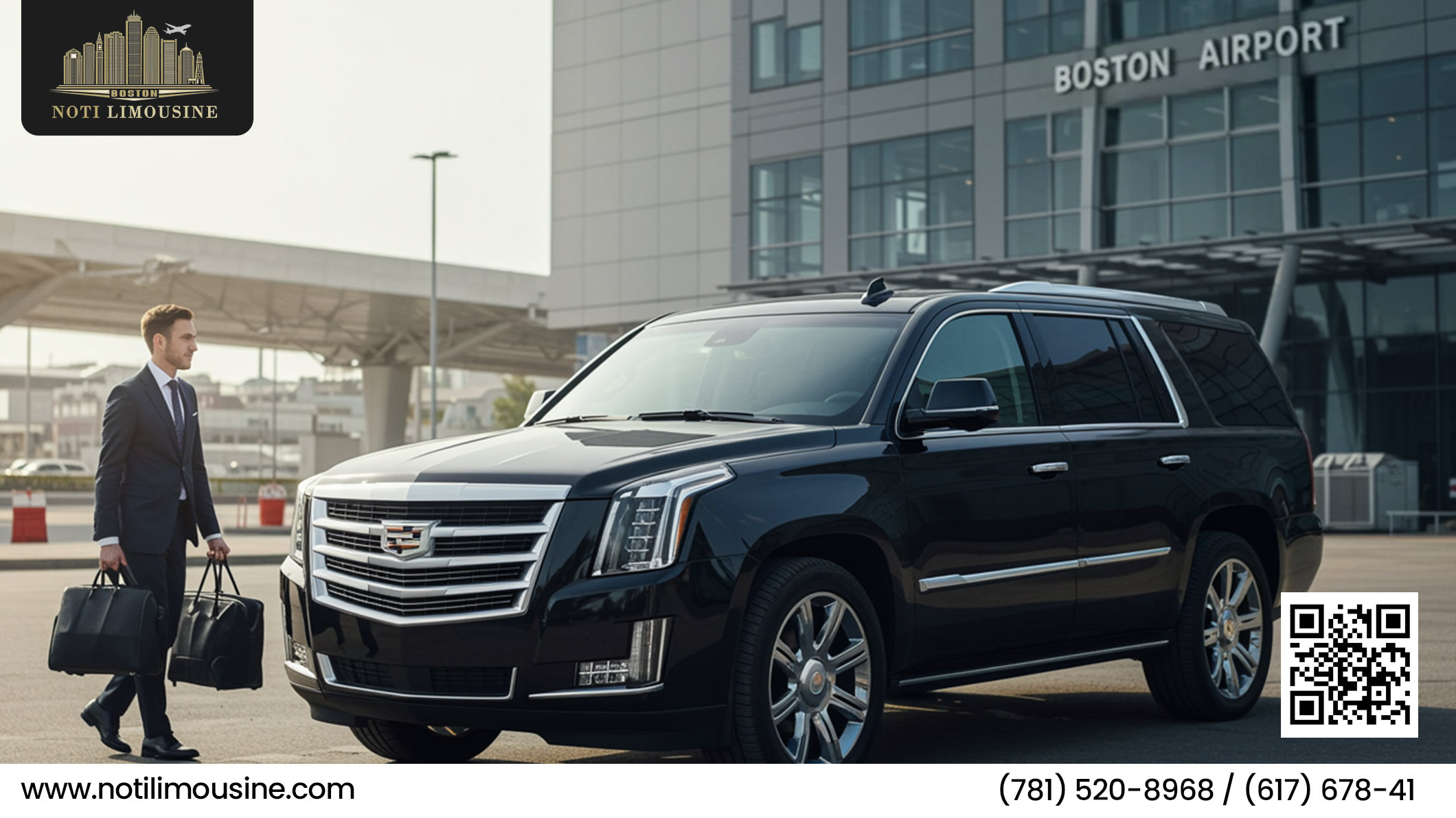 Chauffeur assisting a passenger with luggage during a luxury airport transfer at Logan International Airport, Boston.