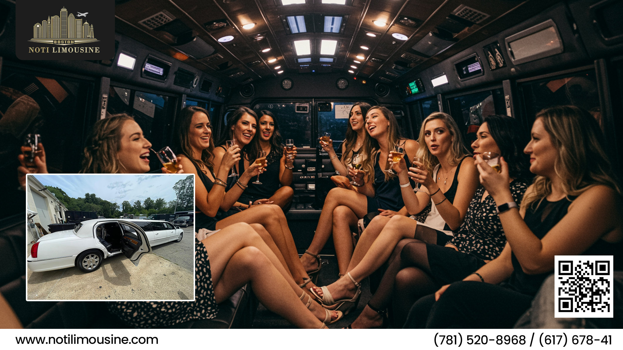 Group of friends celebrating inside a luxury party bus with vibrant lighting during a Boston bachelorette party.