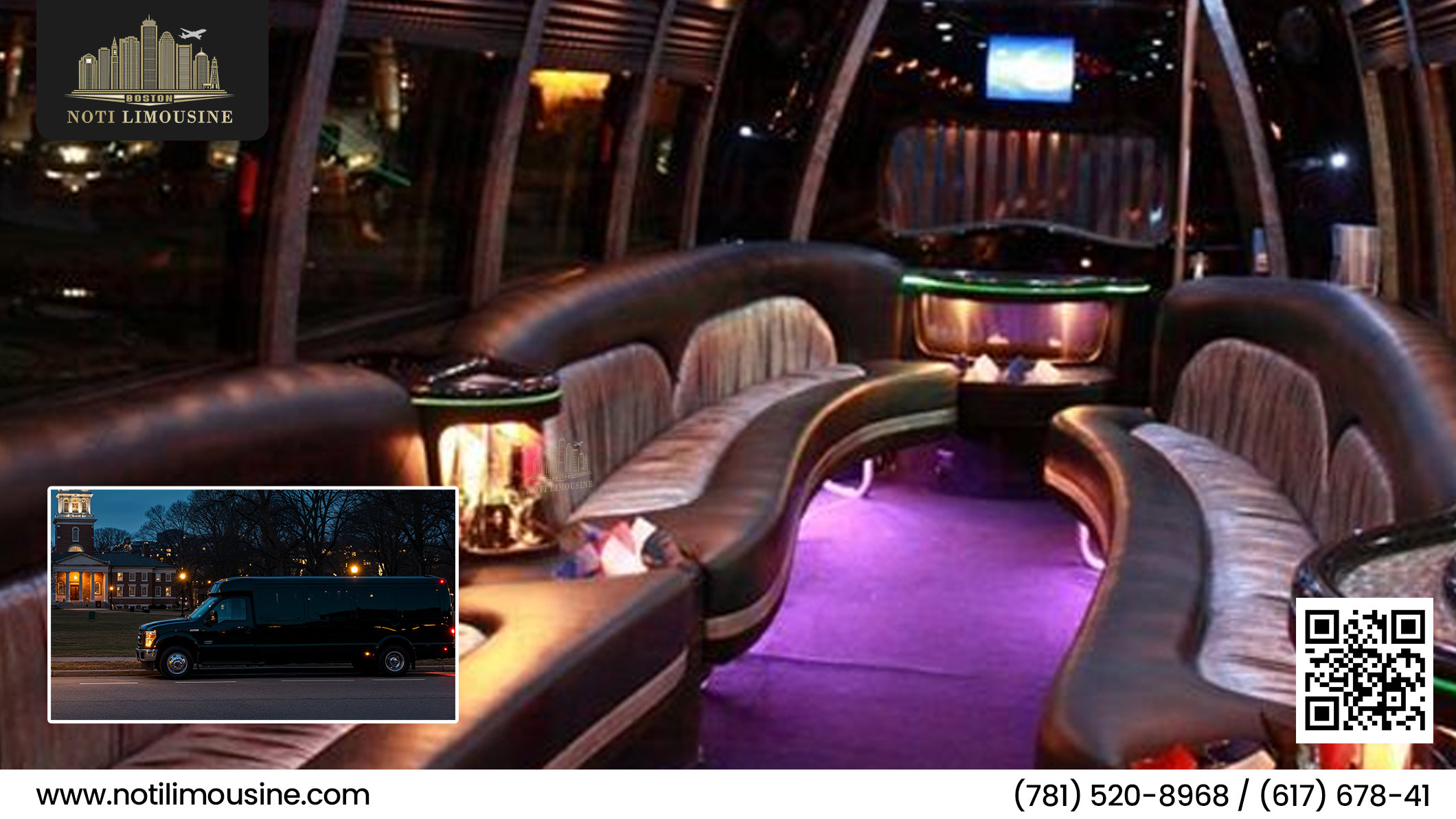 Interior view of a Boston party bus with vibrant LED lighting, luxury seating, and entertainment features.