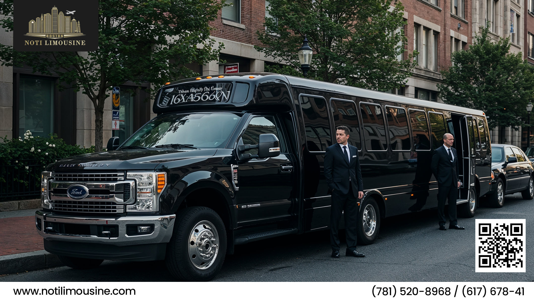 Elegant black luxury vehicle with chauffeur waiting curbside in Boston for executive transportation.