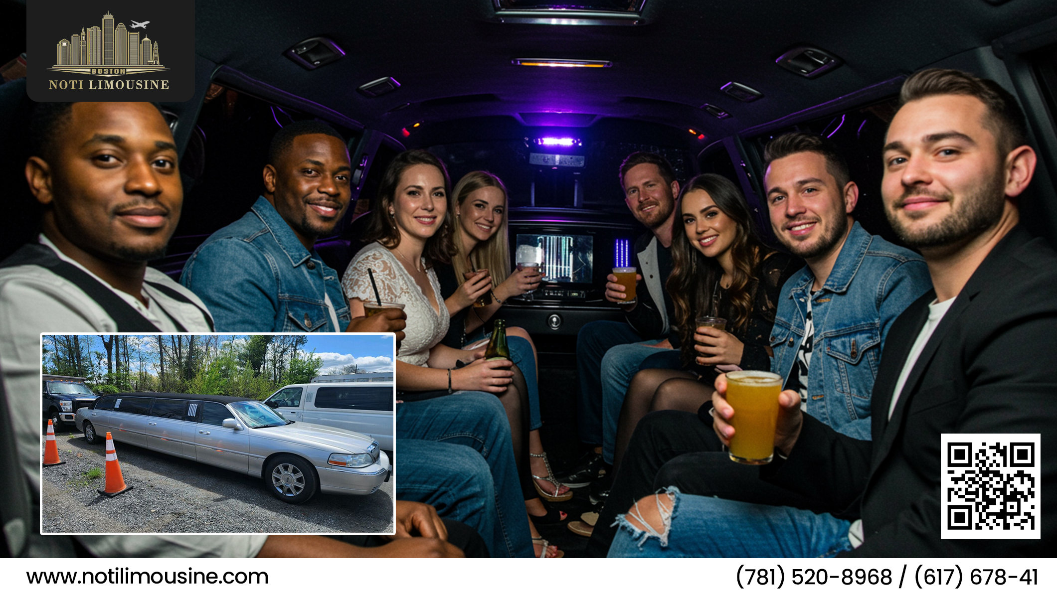 Luxury stretch limousine illuminated at night, ready for a night out celebration in Boston.