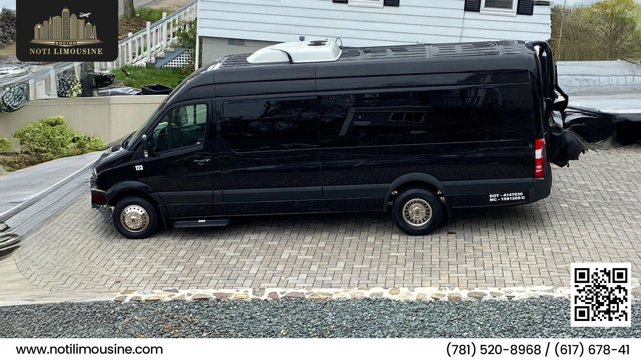 Sleek and stylish prom party bus parked outside a Boston event venue, ready for group transportation.