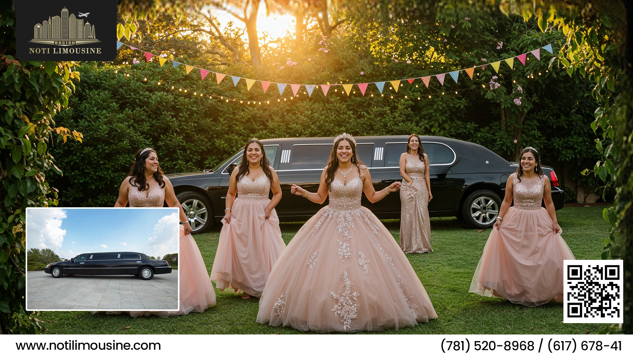 Elegant stretch limousine decorated for a Boston Quinceañera celebration, parked and ready for pickup.