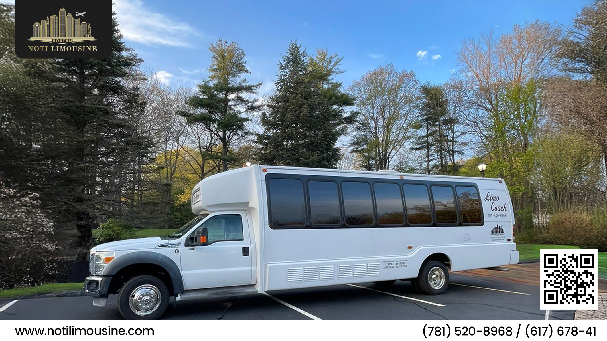 Elegant fleet of wedding limousines and party buses parked outside a decorated wedding venue in Boston.