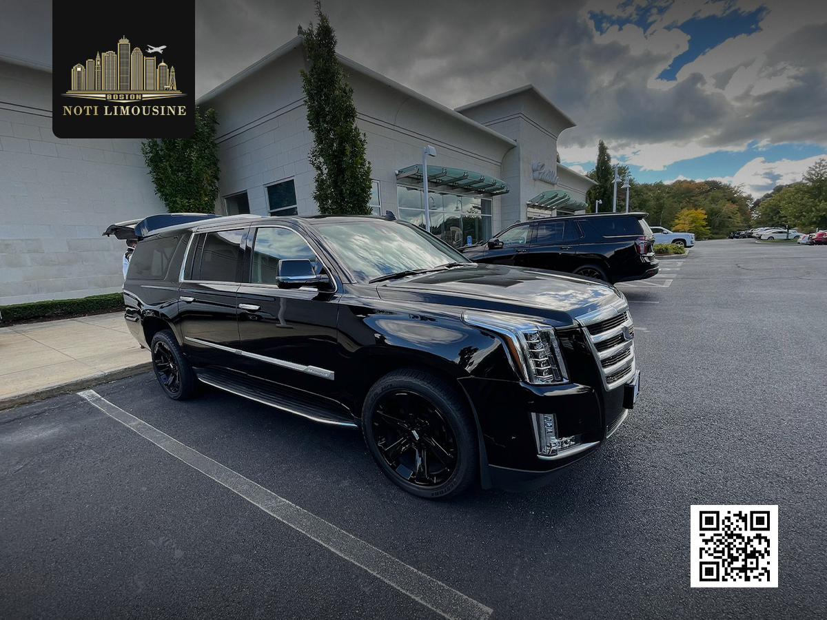Luxurious black Cadillac Escalade SUV parked, showcasing premium limousine service by Noti Limousine.