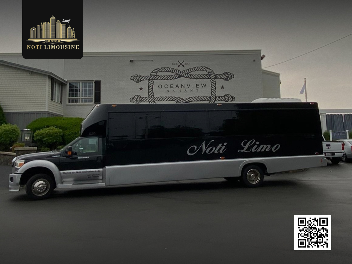 Side view of a luxurious black Ford F550 party bus designed for group transportation