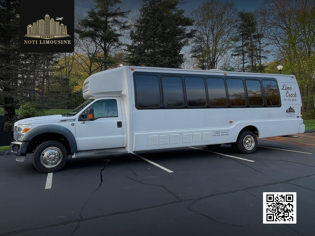 White Ford party bus with spacious interior, ideal for group transportation and special events.