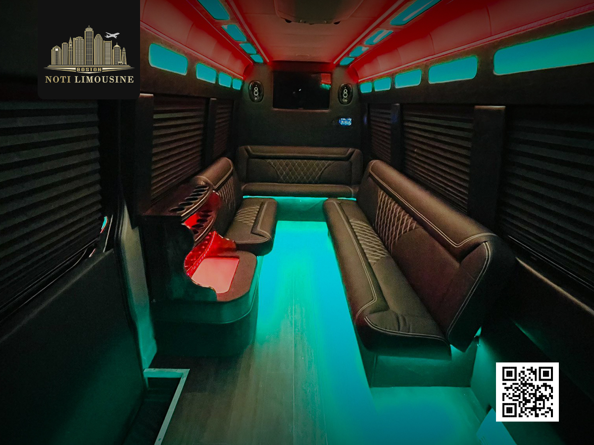 Interior-focused shot of a Mercedes Sprinter limo, highlighting plush seating and ambient lighting.