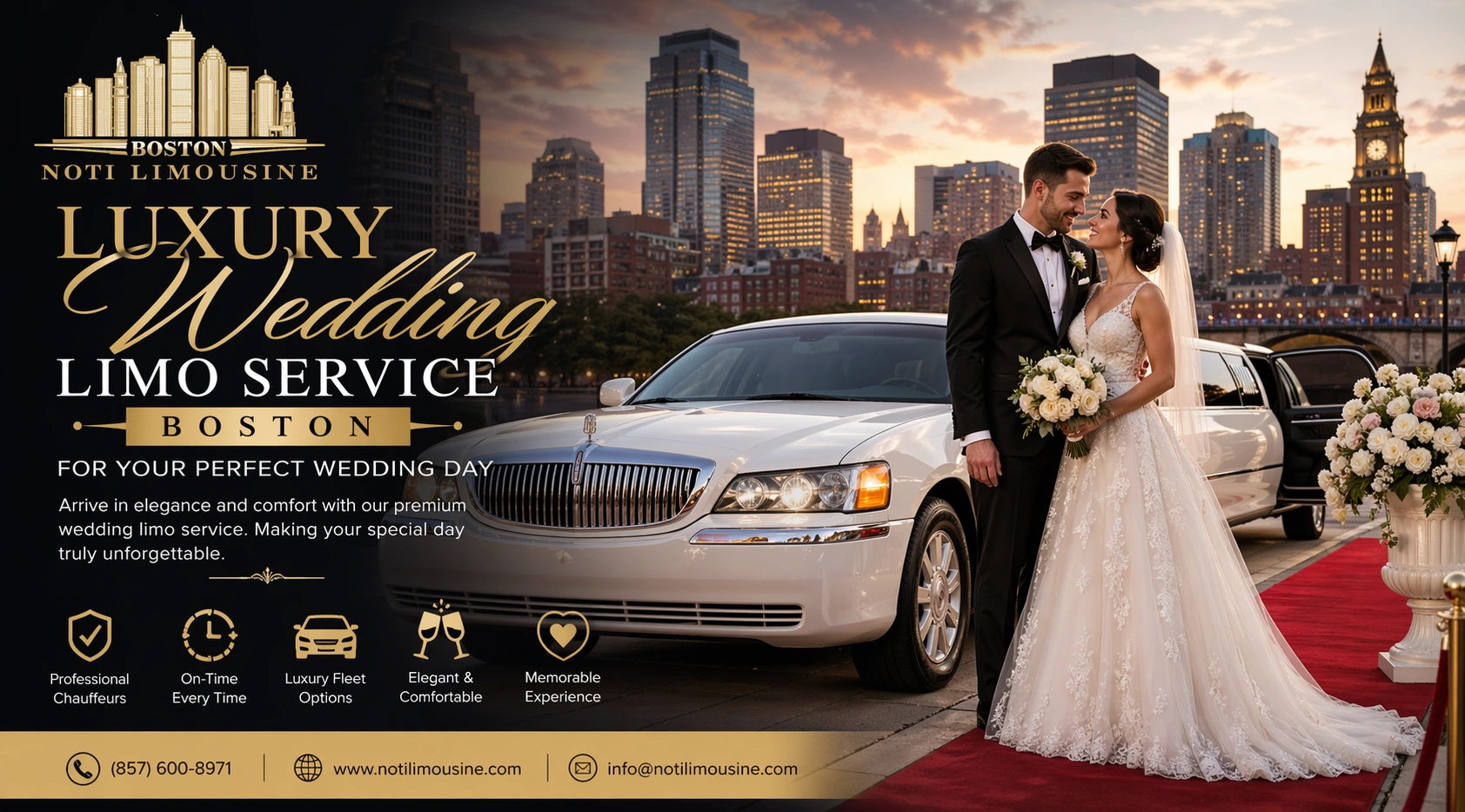 Wedding limousine service in Boston with luxury transportation for brides, grooms, and wedding parties